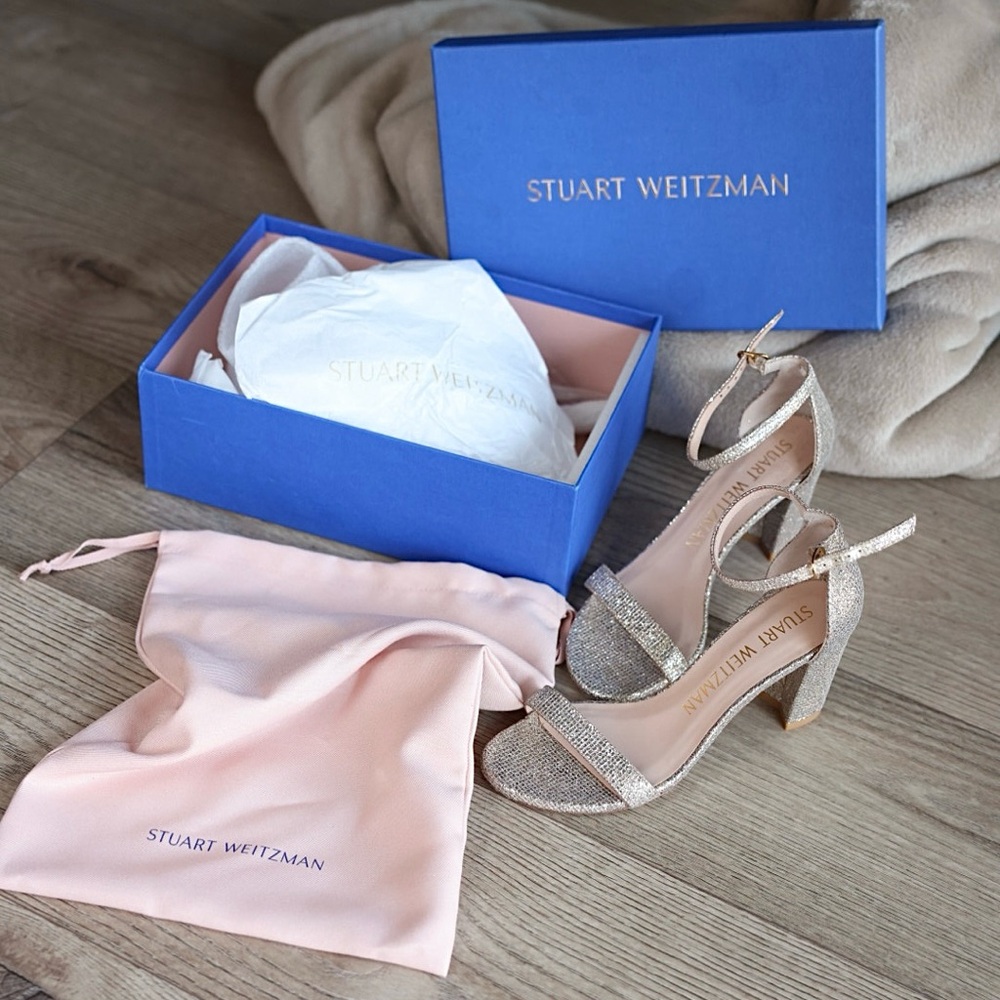 Stuart Weitzman Nudistcurve Glitter Block-Heel Sa… - image 1